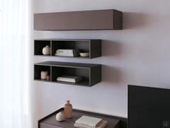 Fly hanging open elements in Newfoundland matte lacquer, real horizontal shelves combined with the flap wall unit from the same collection