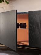 Focus on the contrasting lacquered inner compartment and on the division formed by the glass shelf 