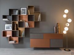 Wall-mounted sideboard with drawers and drop down drawer Fly Deco, perfectly paired with an open shelving system with the same colours and forms