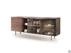 Sideboard with wooden frame and glass doors Galaxy with base and handles in patinated brass painted metal