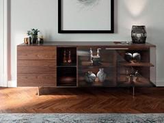 Sideboard with wooden frame and glass doors Galaxy in canaletto walnut veneer wood