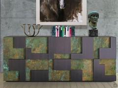 Modern solid wood sideboard Lima in wood/metal version with stained larch and green copper effect metal fronts