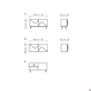 Diagrams and dimensions - 1) two-door sideboard dimensions with foot - 2) two-door sideboard dimensions with plinth - 3A) side shelf made of melamine