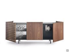 Modern sideboard with grated door Astor in the 4-door model, with glass shelves and bronzed mirror grated door backs