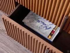 Detail of the central baskets of the Savannah sideboard, opening with a metal handle to match the base and top (if not configured in marble)