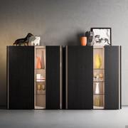 Couple of Cleveland tall sideboards with structure and fronts in fossil oak fashion wood; top, groove and open boxes in nude matt lacquer