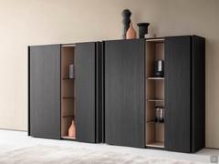 Sideboard with open compartment and Cleveland feet, with fashion wood Fossile doors and matte lacquered open compartment