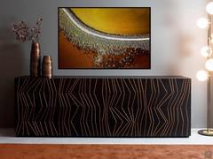 Designer sideboard Ramses with solid wood inserts on black matte lacquered fronts