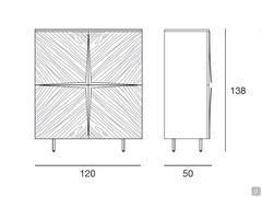 Schemes and dimensions of designer sideboard with sculptural doors Stella in the sideboard version