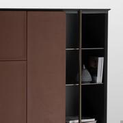 Apotema is a cupboard with frontal leather panels and a wooden structure with metal details and metal compartments