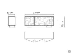 Dimensional scheme of the sideboard with molded glass doors Image by Bonaldo in the version with shaped feet