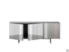 Diva sideboard with open mirrored doors. They feature a 2 cm thick central wooden shelf