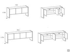 Diagrams, dimensions and interior fittings of the sideboard Manila with hinged doors