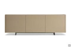 Maia modern sideboard with metal feet, top in Matt Portoro ceramic and doors with smooth leather cover