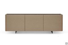 Maia modern sideboard with metal feet, top in Matt Portoro ceramic and doors with quilted leather cover