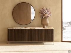 Clivia standing sideboard on high metal feet, here proposed with Patagonia marble top and embossed Sand metal frame