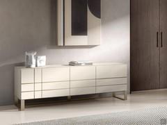 Oyster matt lacquered sideboard in the version with 3 doors and 2 drawers standing on a metal plinth