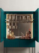 Interior view of the bar cabinet with mirrored back, interior LED bars, smoked glass shelf and metal lacquered wooden glass shelf