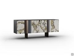 Elegant sideboard with polished patagonia ceramic doors Keramos, metal base in the variant with plates