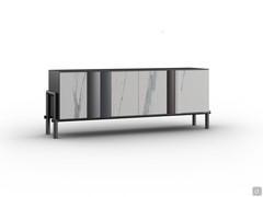 Elegant sideboard Keramos with opaque statuary white veined ceramic doors, base in the variant with external feet