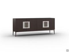 Sideboard with veneered frame and fluted doors in a thermally treated dark oak finish, matching profile handles, polished blanc de blanc ceramic inserts and Wave leatherette upholstery