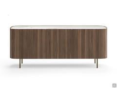 Lena modern sideboard with a Canaletto Walnut shell and Calacatta Gold ceramic top, with metal feet painted bronze