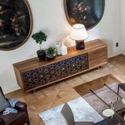 Granada modern walnut sideboard with etchings on the doors