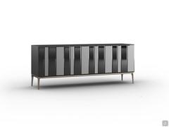 Modern sideboard Moma with champagne painted metal high feet: contrasting anthracite matte lacquered frame and doors with smoked glass inserts