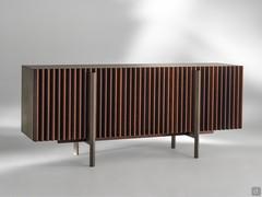 Modern wooden sideboard with slatted doors Virtuo: doors in heat-treated ash and frame and base in light bronze lacquer