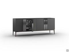 Sideboard Quartetto with inclined bronze metal feet, anthracite matte lacquered doors and frame and smoked bevelled mirrored glass inserts. You can clearly see the clear glass inner shelf.