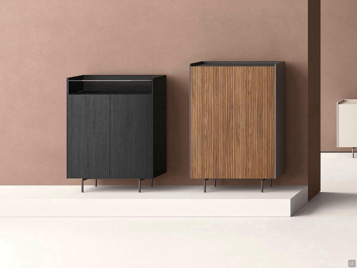 Kaen high cupboard with open compartment - on the left cupboard with Fashion Wood fossil finish and on the right doors in natural walnut Groove doors and Moka Shine lacquered structure