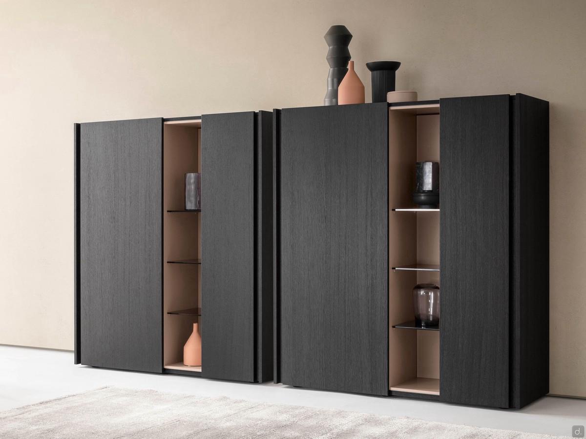 Sideboard with open compartment and Cleveland feet, with fashion wood Fossile doors and matte lacquered open compartment