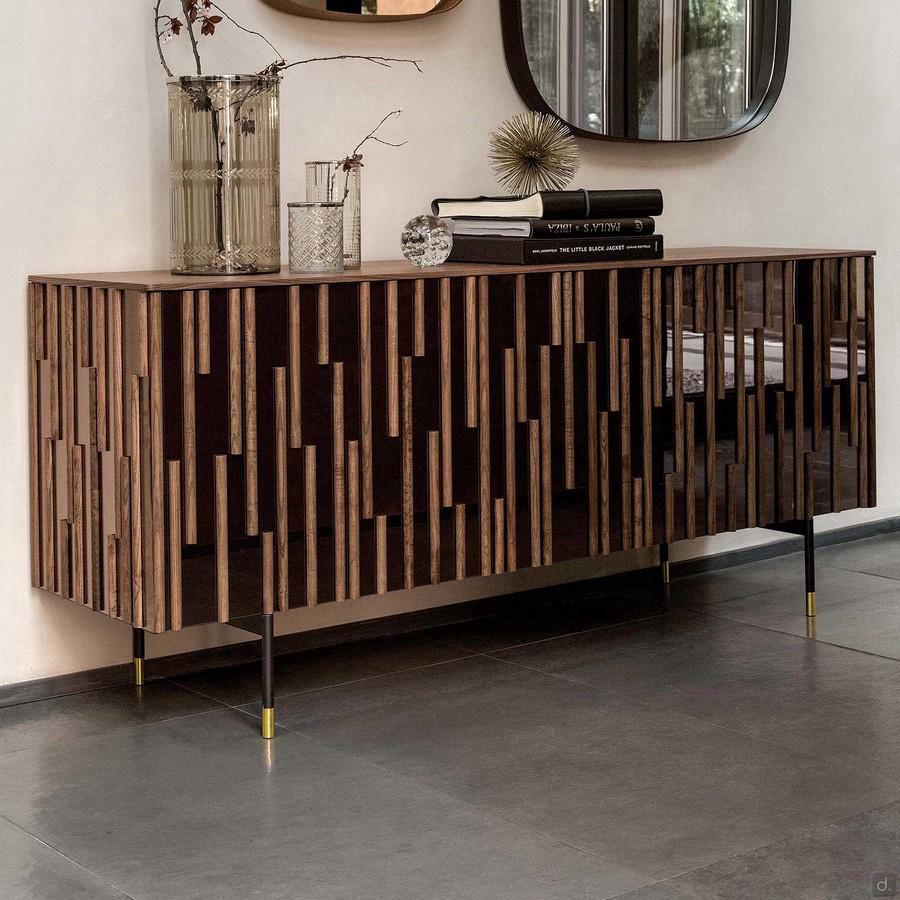 Modern mirrored sideboard Drops with inserts in canaletto walnut wood veneer