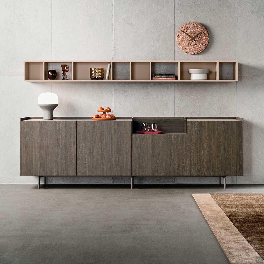 Wooden sideboard with open compartment Kaen. In transparent glass, hinged and drop-down doors and deep drawers, in fashion wood oak 029 Dormeuse