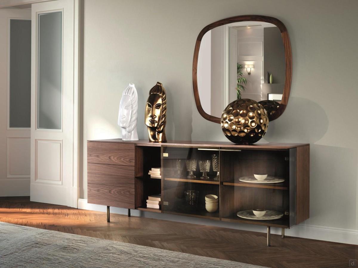 Credenza con struttura in legno e ante in vetro Galaxy con tre cassetti, due ante e un vano a giorno