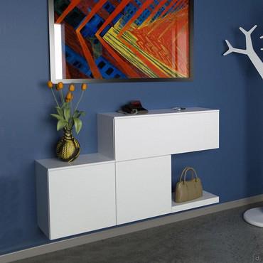 Plan 01 hallway sideboard characterised by a wall unit with drop down door and a hinged unit with 2 doors