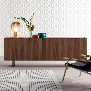 Outline modern sideboard in Canaletto walnut, by Bonaldo. 240 cm model with 4 doors and tall rhombus feet.