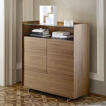 Sideboard with open compartment Columbus High - canaletto walnut front and frame and Noir Desir ceramic lower top