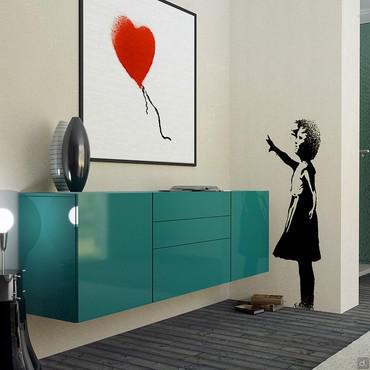 Plan modern hanging lacquered sideboard with hinged doors, drawers and big drawers