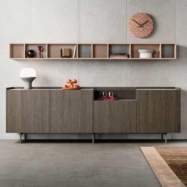 Wooden sideboard with open compartment Kaen. In transparent glass, hinged and drop-down doors and deep drawers, in fashion wood oak 029 Dormeuse