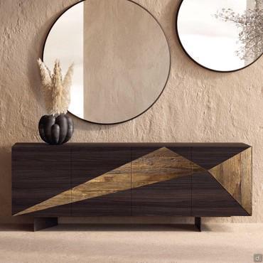 Maple handcrafted sideboard with solid wood insert and pair of painted metal bases