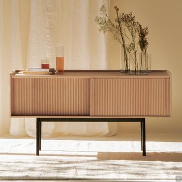 Low sideboard with sliding wooden doors Katen with slatted decoration