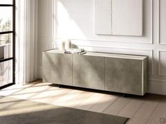 Maia 3-door sideboard with brushed platinum lacquered body and polished Calacatta Gold ceramic top