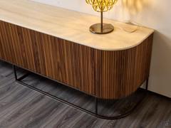 Dune sideboard in Canaletto walnut slatted wood with bronze lacquered metal frame and matt travertine marble stone top