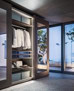 Mirror wardrobe with framed mirror doors (open view). It can be equipped with various interior fittings matching your needs