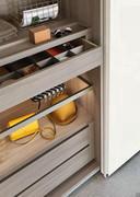 Hanging 1 drawer chest of drawer with pocket emptier on the top, glass shelf and chest of drawers standing at the bottom of the wardrobe