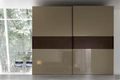 Doors in glossy lacquer finish with center strip of wood with vertical grain