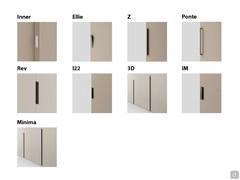 Scheme of handles available for the sliding doors of the Focus Wide closet. All available in painted metal or matte lacquer in the colors in the sample book