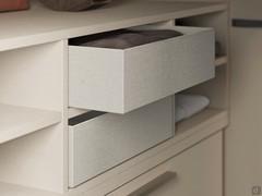 Example of interior composition with chest of drawers and shirt cubby. The central compartments can be equipped with the linen grey fabric storage boxes.