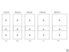 Individual module widths available for the Layout Wide cabinet, then rearranged into different 2-, 3- or 4-door compositions available in the configurator. Panels A and B can be made in solid or contrasting colors for a two-tone effect